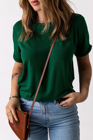 Green Plain Solid Color Crew Neck Tee