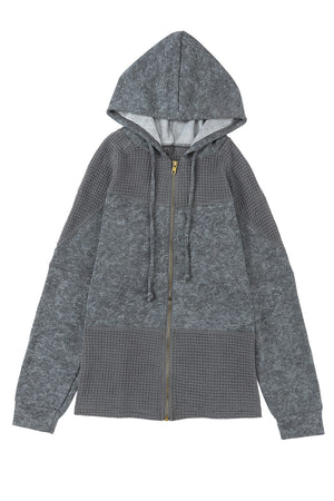 Khaki Dark Washed Patchwork Zip Up Hooded Jacket
