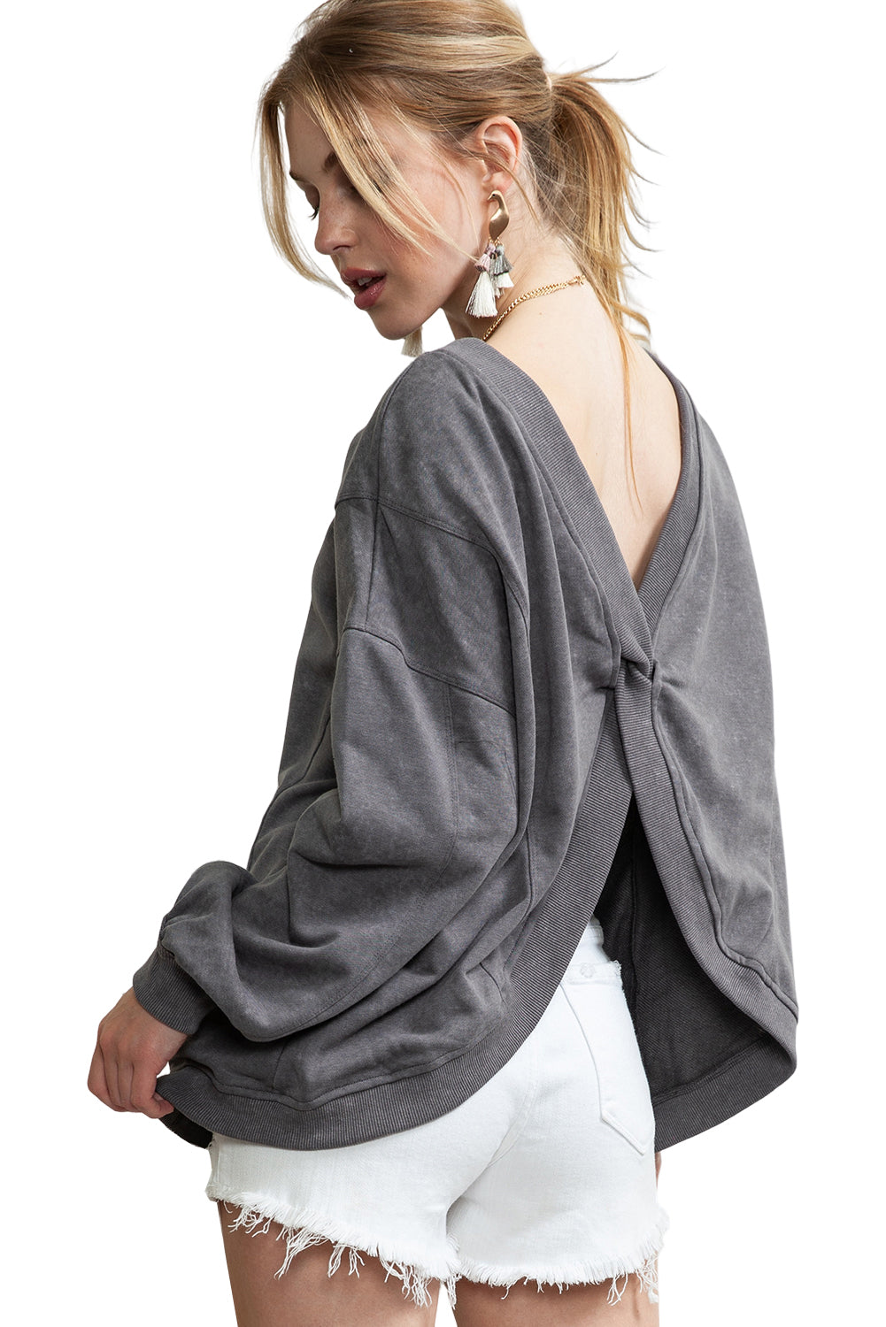 Gray Mineral Wash Twist Butterfly Oversize Sweatshirt