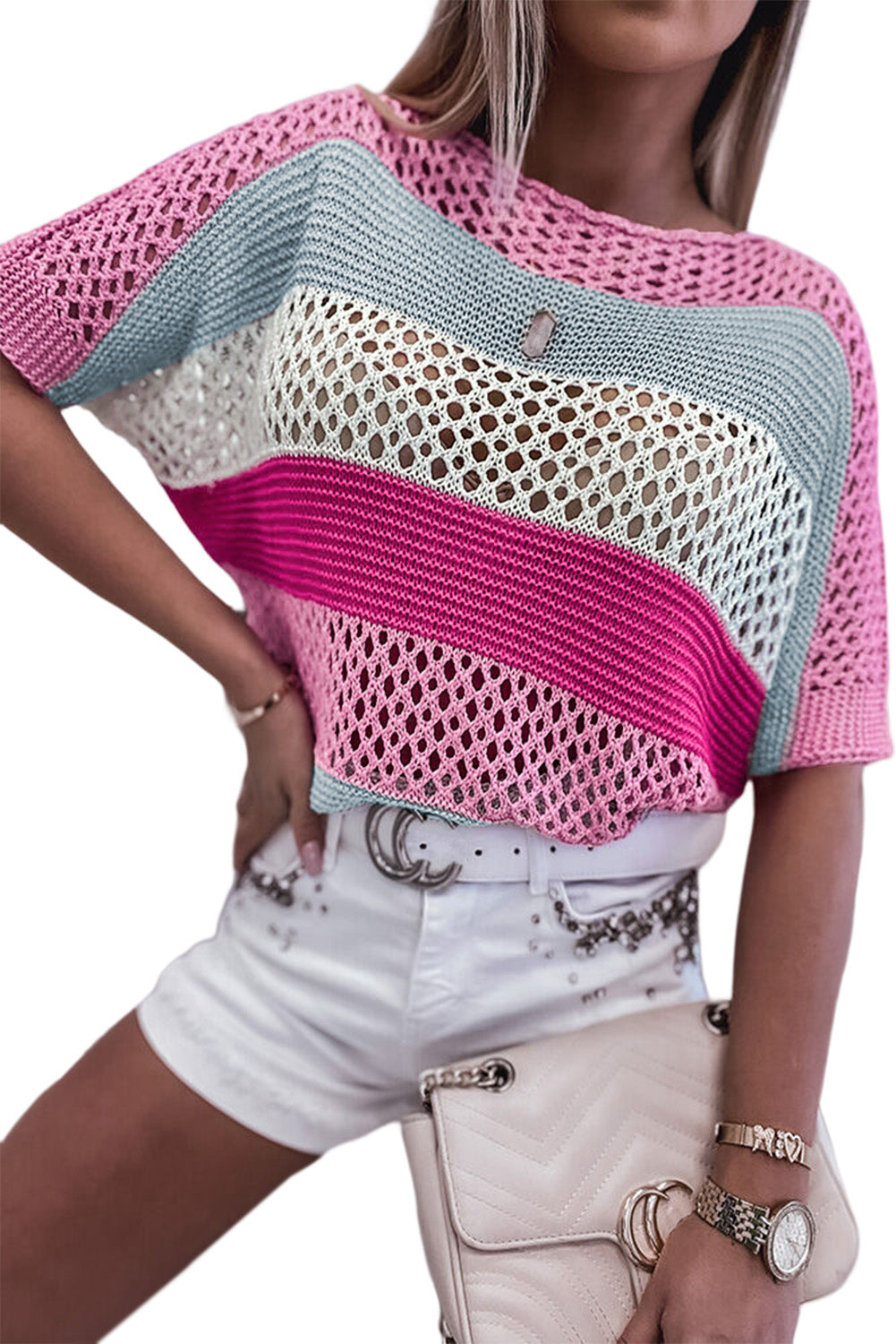 Sky Blue Knitted Eyelet Colorblock Striped Half Sleeves Top