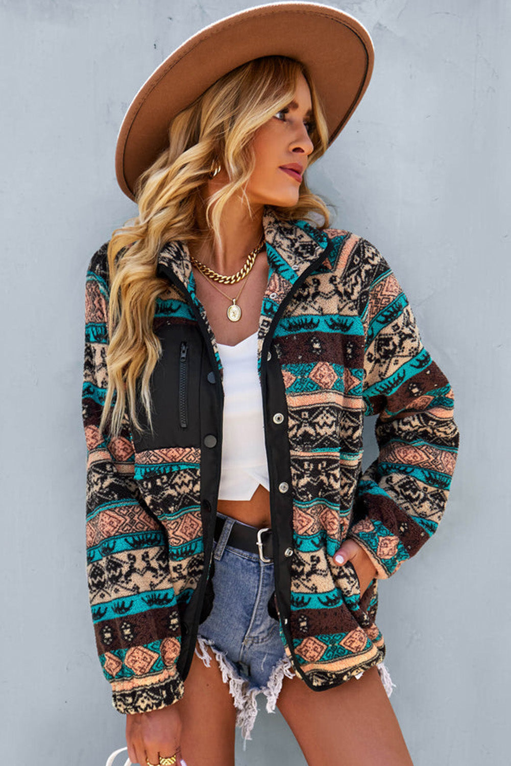 Black Geometric Colorblock Colorblock Snap Button Sherpa Jacket