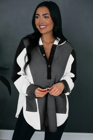 Grey Color Block Snap Button Exposed Seam Pullover Hoodie
