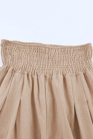 Khaki Smocked Wide Waistband High Waist Wide Leg Pants