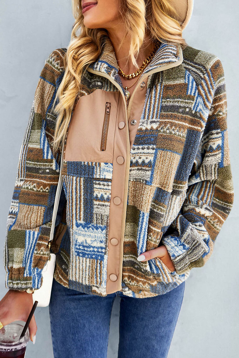 Black Geometric Colorblock Colorblock Snap Button Sherpa Jacket
