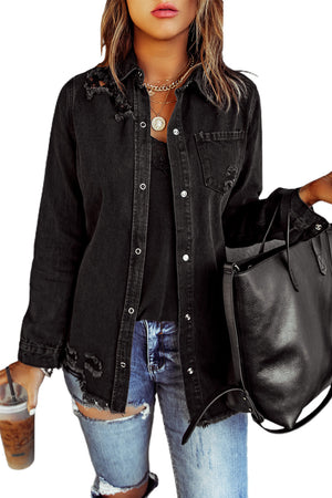 Green Casual Ripped Raw Hem Button Up Denim Shacket