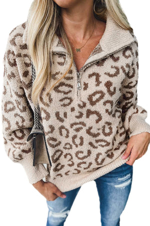 Leopard Casual Animal Print Zipped Collared Sweater