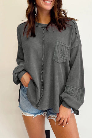 Black Waffle and Crinkle Patchwork Long Sleeve Top