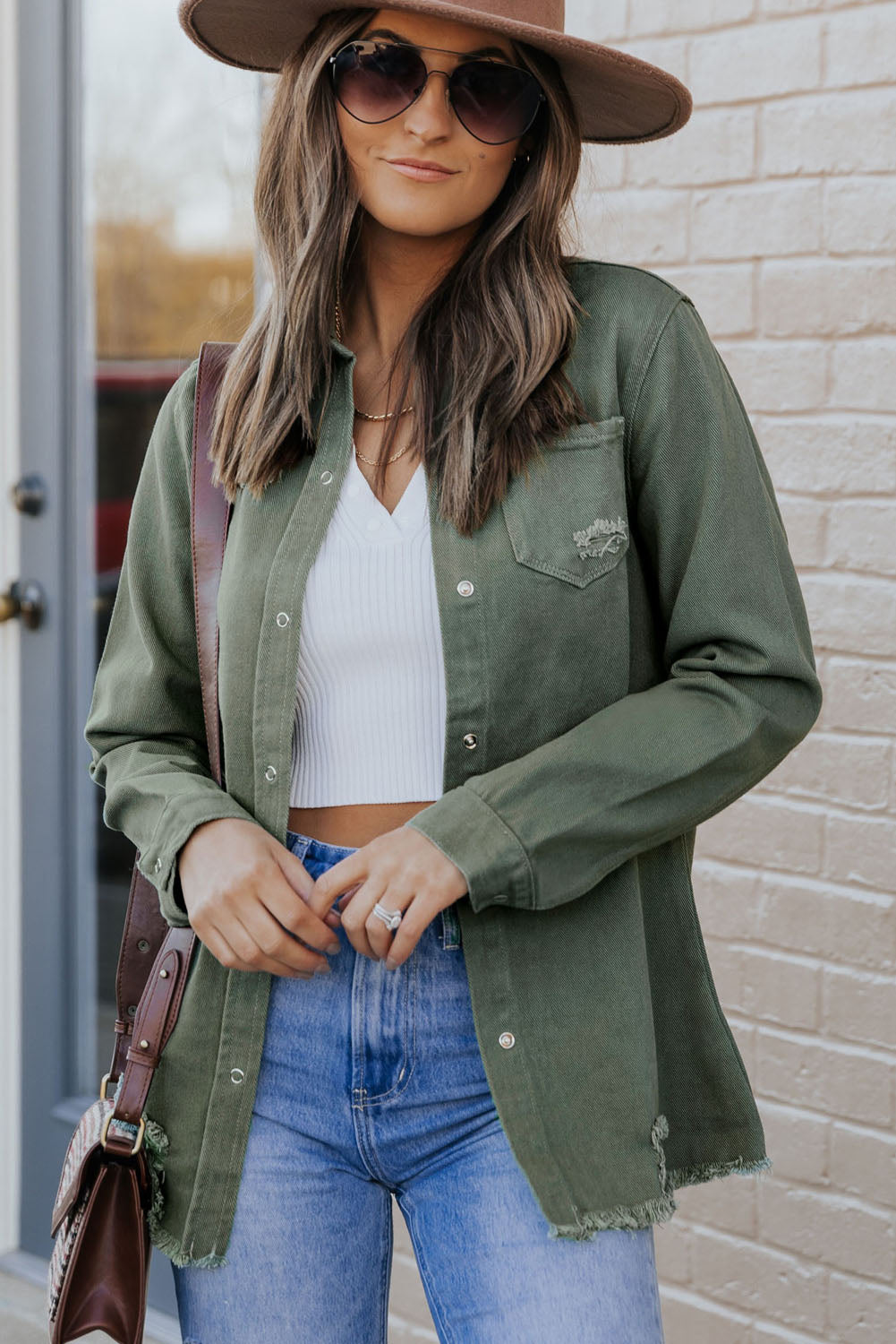 Green Casual Ripped Raw Hem Button Up Denim Shacket