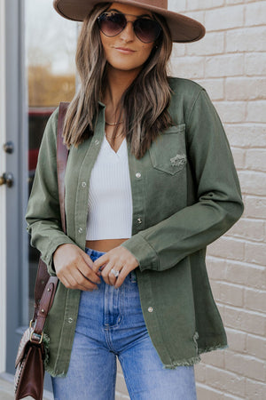 Green Casual Ripped Raw Hem Button Up Denim Shacket