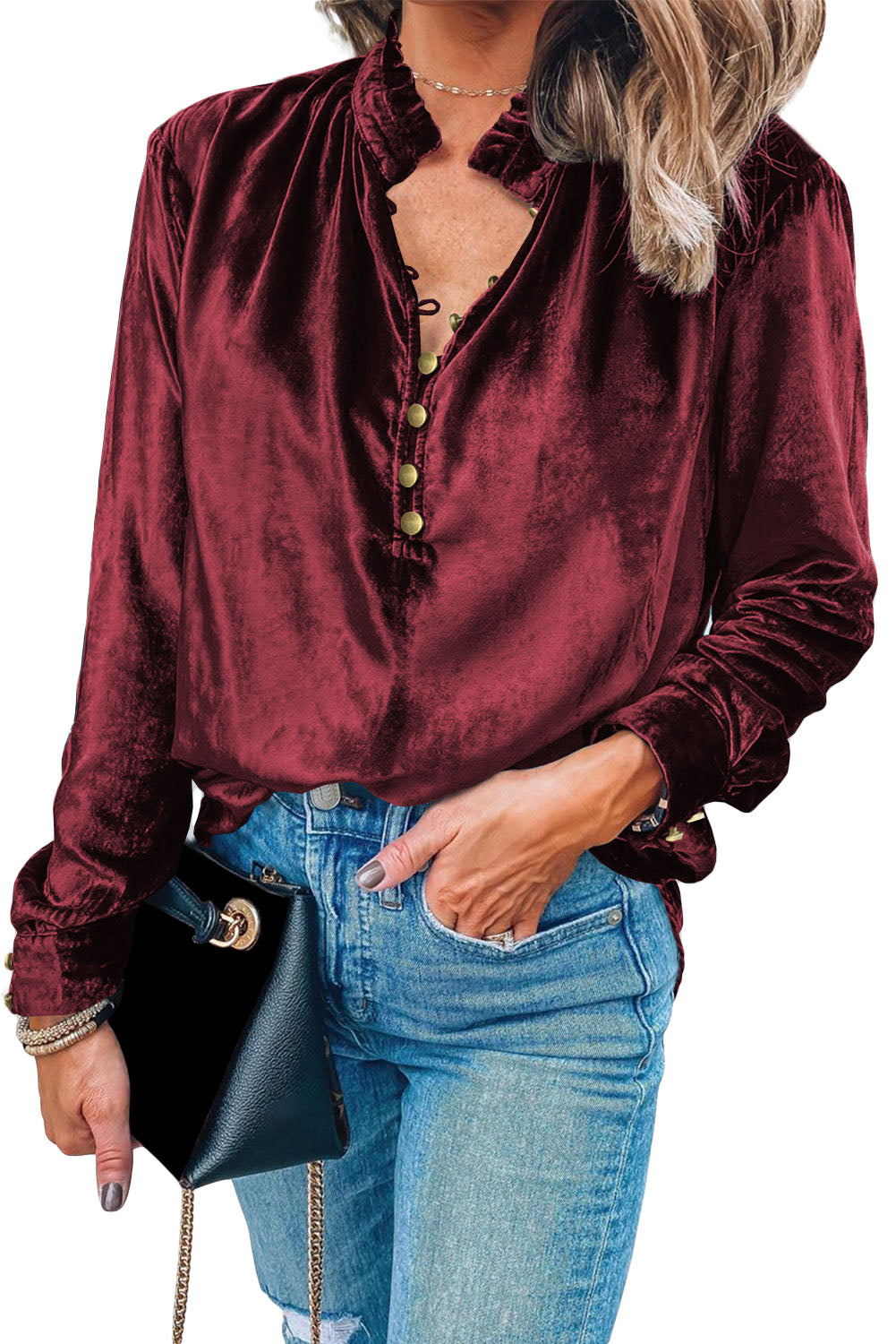 Black Frilled Neck Buttoned Front Velvet Top