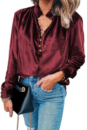 Black Frilled Neck Buttoned Front Velvet Top