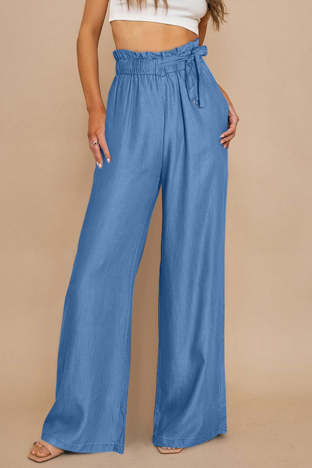 Blue High Waist Pocketed Wide Leg Tencel Jeans