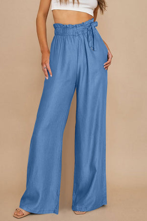 Blue High Waist Pocketed Wide Leg Tencel Jeans