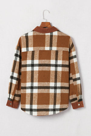 Brown Pocketed Buttoned Plaid Shirt Jacket
