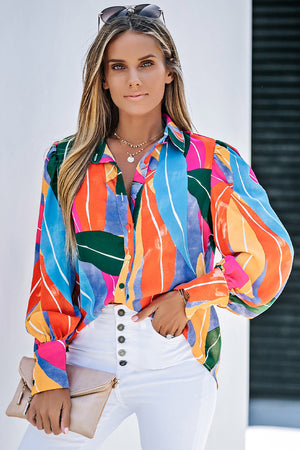 Multicolor Swirl Color Block Print Lantern Sleeve Shirt