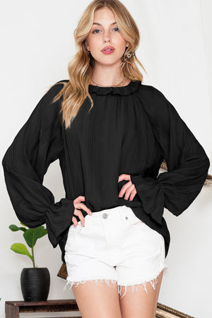 Black Crinkle Frilled Neck Pleated Long Sleeve Blouse