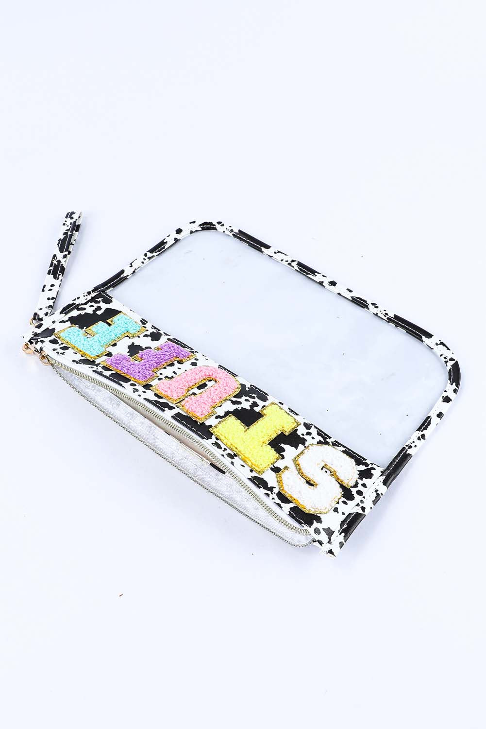 Black STUFF Cow Print Transparent Zipped Handbag