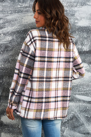Brown Plaid Button Up Long Sleeve Flannel Jacket