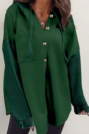 Gray Button Up Contrast Knitted Sleeves Hooded Jacket