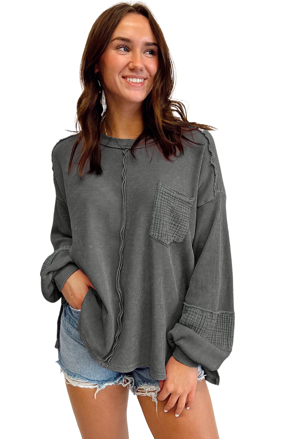Black Waffle and Crinkle Patchwork Long Sleeve Top