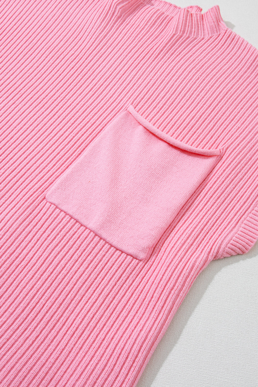Green Patch Pocket Ribbed Knit Short Sleeve Sweater