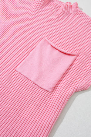 Green Patch Pocket Ribbed Knit Short Sleeve Sweater