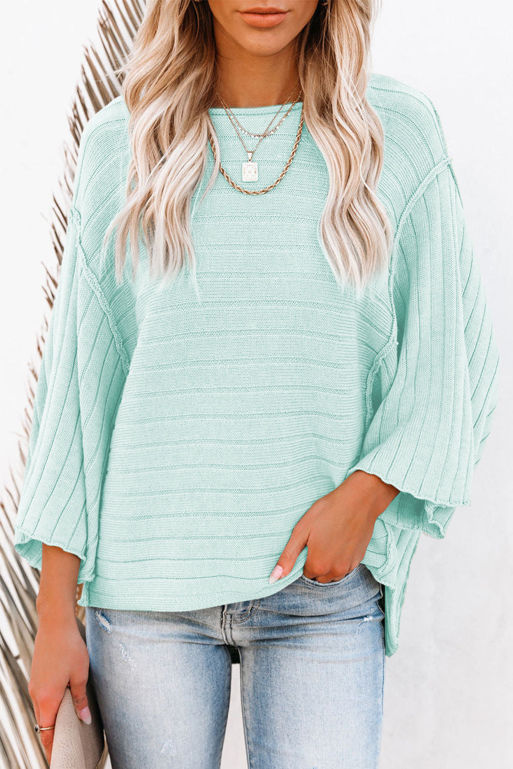 Apricot Solid Color Ribbed Knit 3/4 Sleeve Pullover Sweater