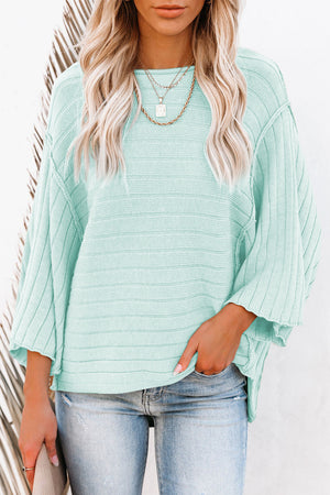 Apricot Solid Color Ribbed Knit 3/4 Sleeve Pullover Sweater