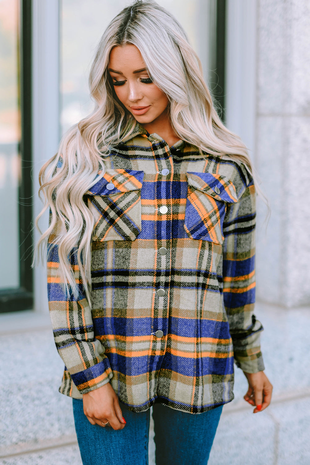 Brown Plaid Button Up Long Sleeve Flannel Jacket
