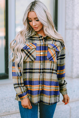 Brown Plaid Button Up Long Sleeve Flannel Jacket