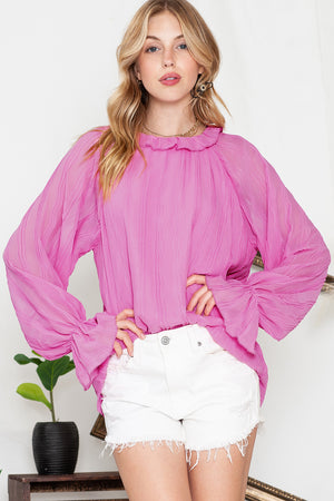 Black Crinkle Frilled Neck Pleated Long Sleeve Blouse