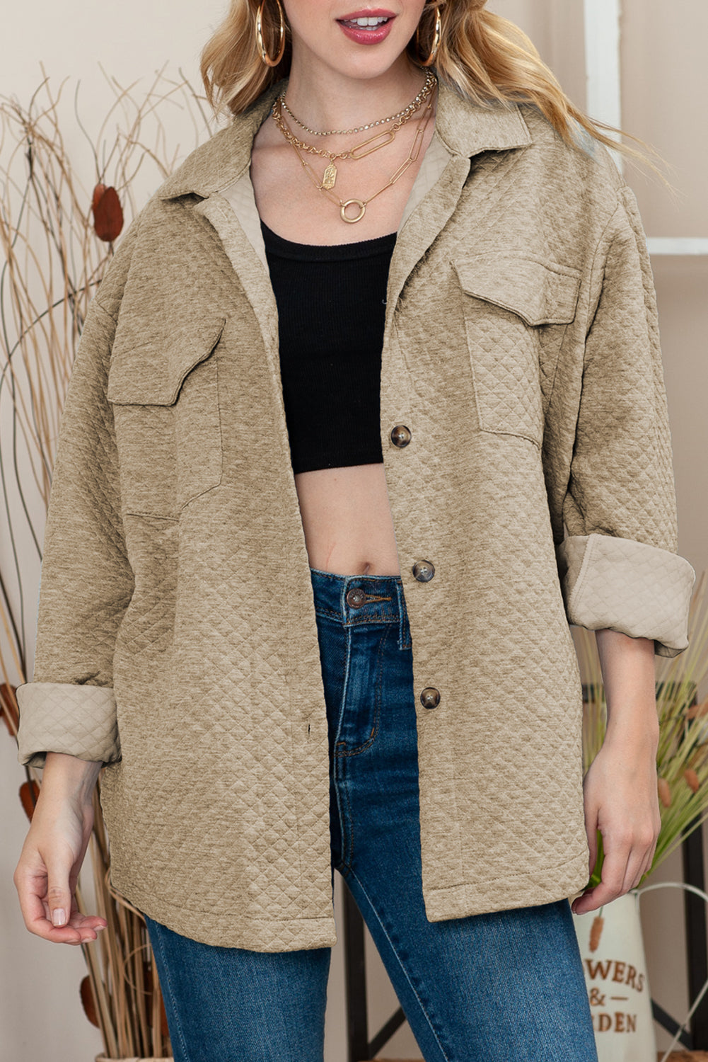 Black Lattice Texture Retro Flap Pocket Button Shacket