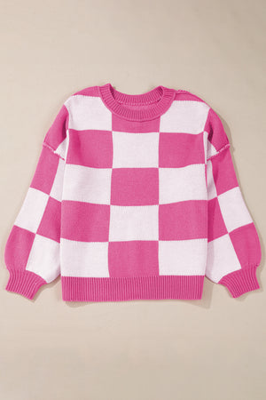 Orange & White Plaid Exposed Seam Bishop Sleeve Sweater