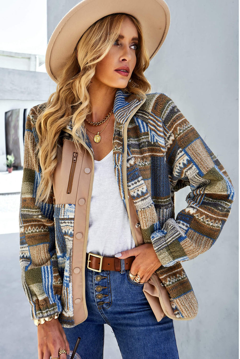 Black Geometric Colorblock Colorblock Snap Button Sherpa Jacket