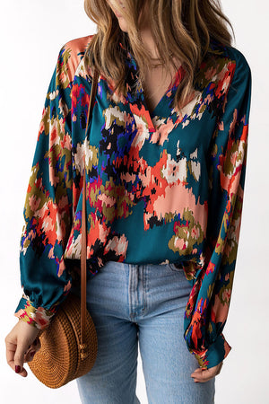 Green Graffiti Colorblock Casual V Neck Puff Sleeve Blouse