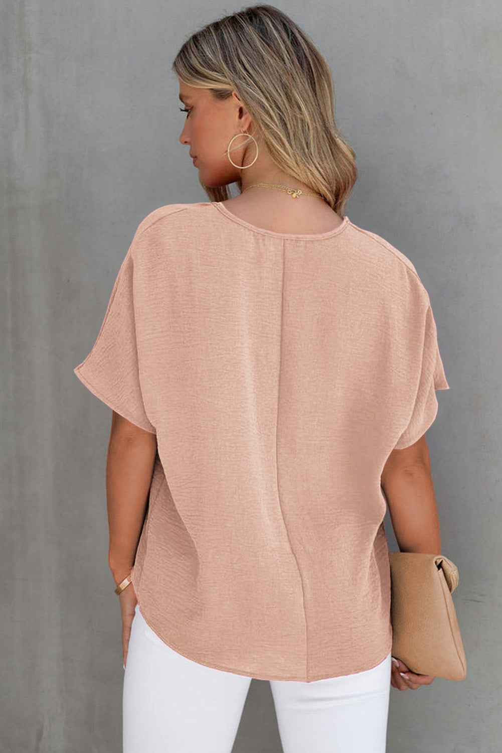 Pink Solid V Neck Textured Short Sleeve Plain Blouse