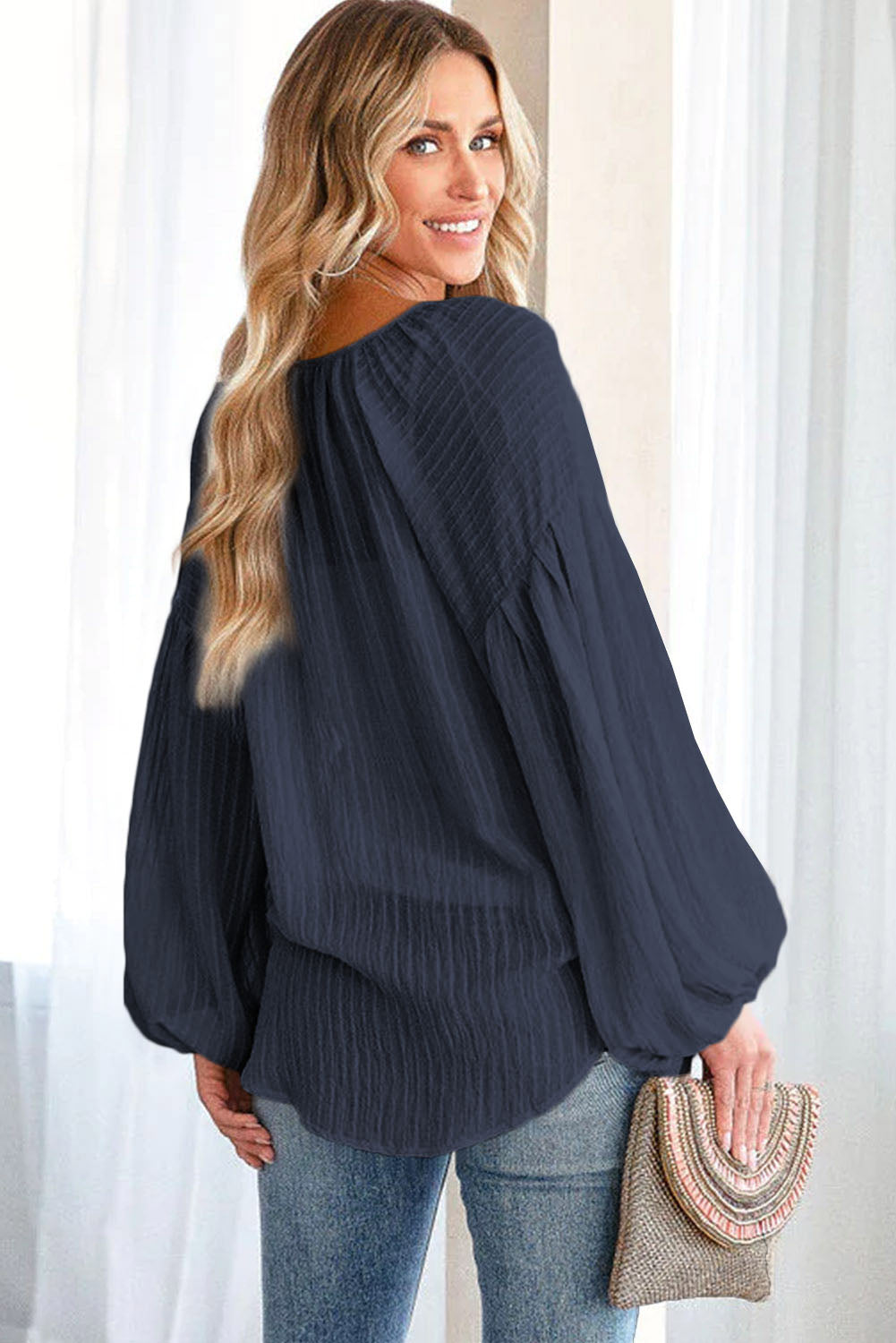 Brown Lantern Sleeve Tassel Drawstring Tie Blouse