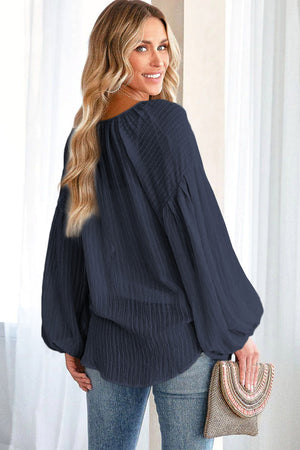 Brown Lantern Sleeve Tassel Drawstring Tie Blouse