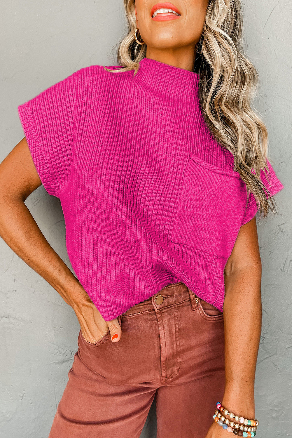 Green Patch Pocket Ribbed Knit Short Sleeve Sweater