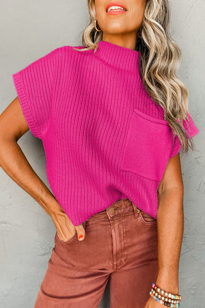 Green Patch Pocket Ribbed Knit Short Sleeve Sweater