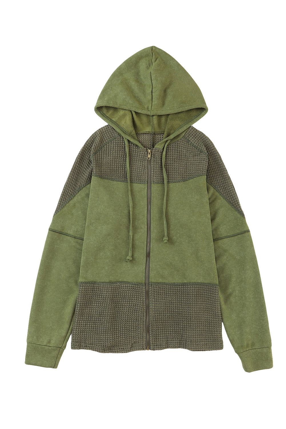 Khaki Dark Washed Patchwork Zip Up Hooded Jacket