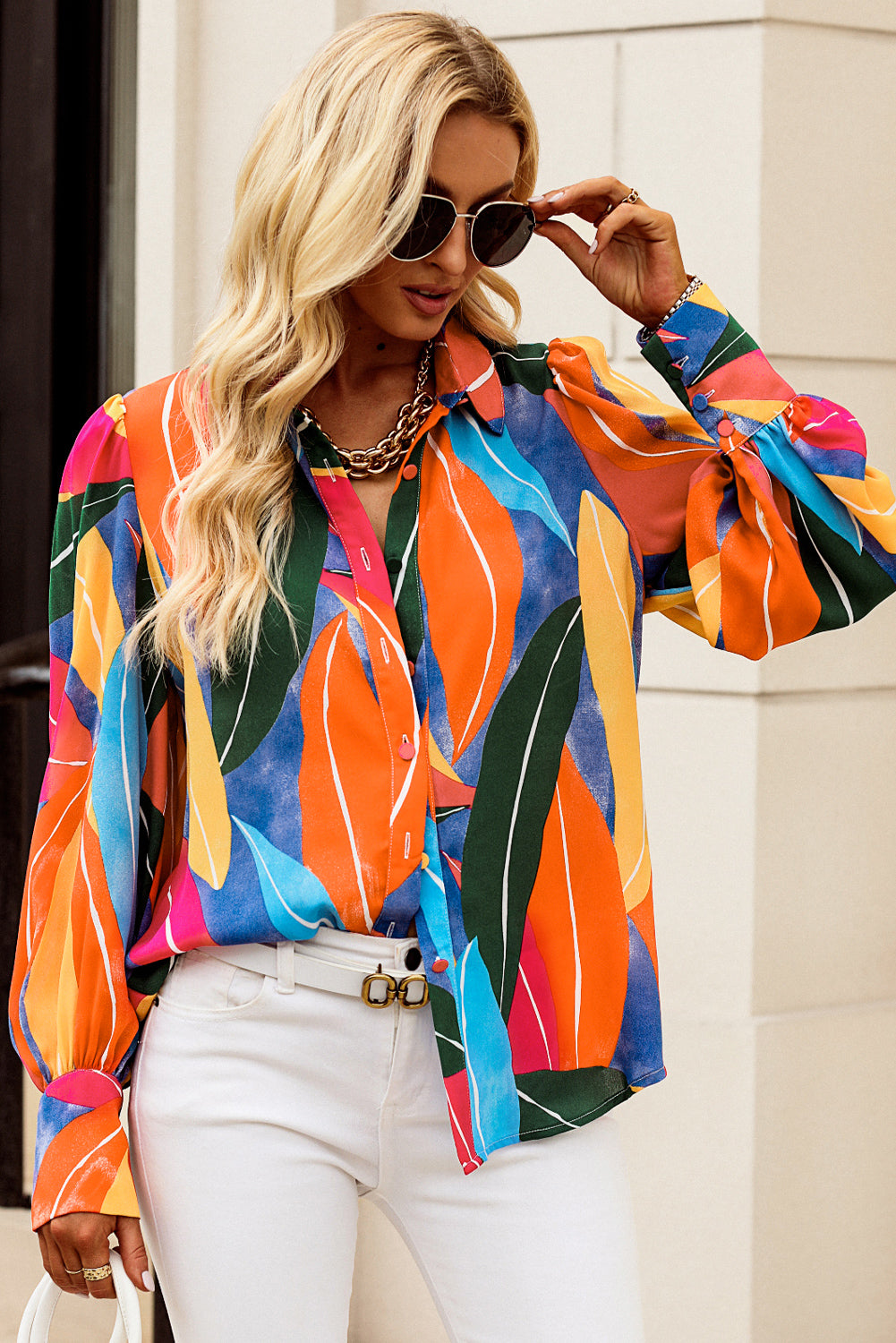 Multicolor Swirl Color Block Print Lantern Sleeve Shirt