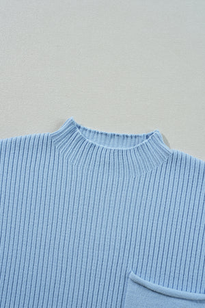 Green Patch Pocket Ribbed Knit Short Sleeve Sweater