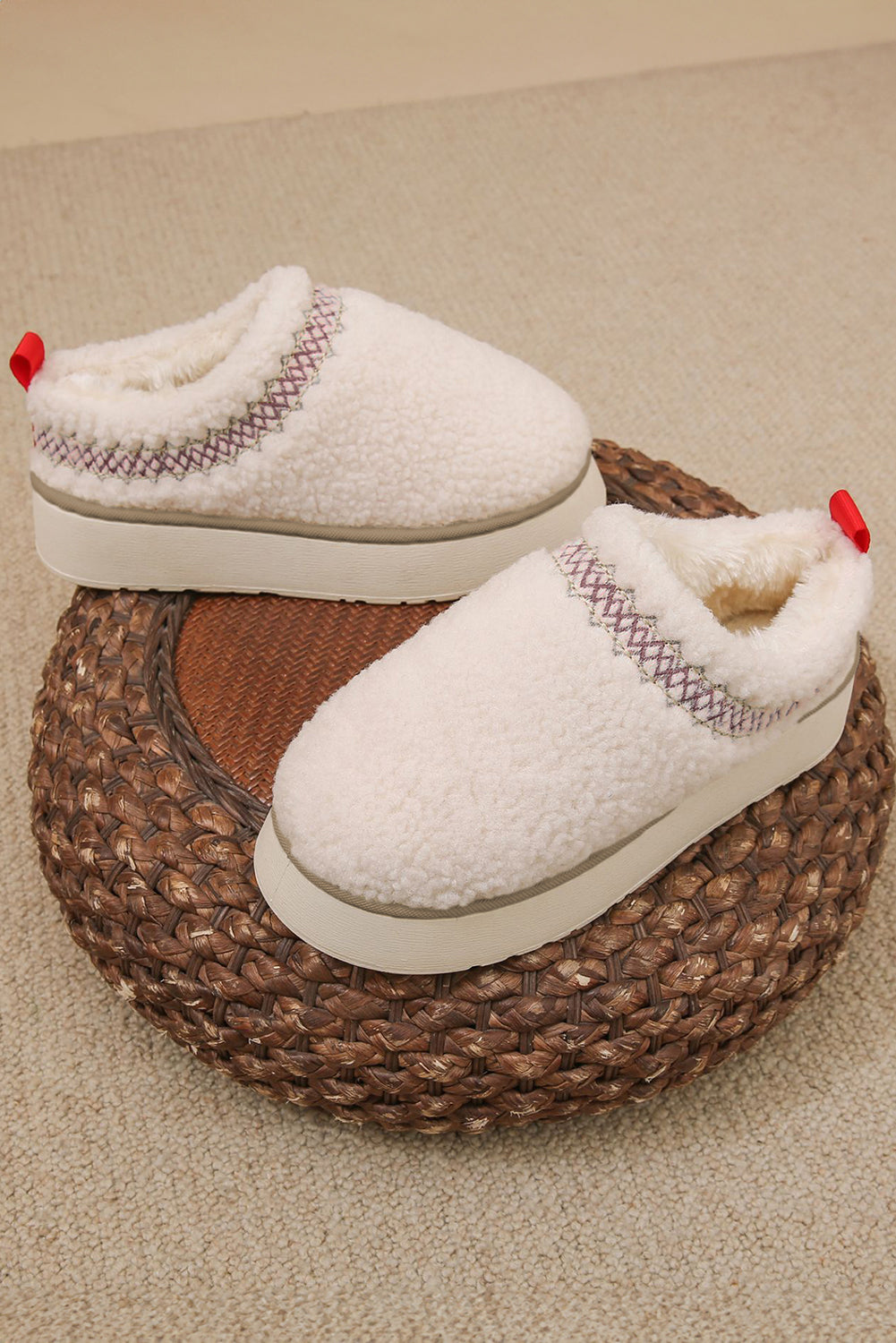 White Embroidered Sherpa Plush Thick Sole Winter Slippers