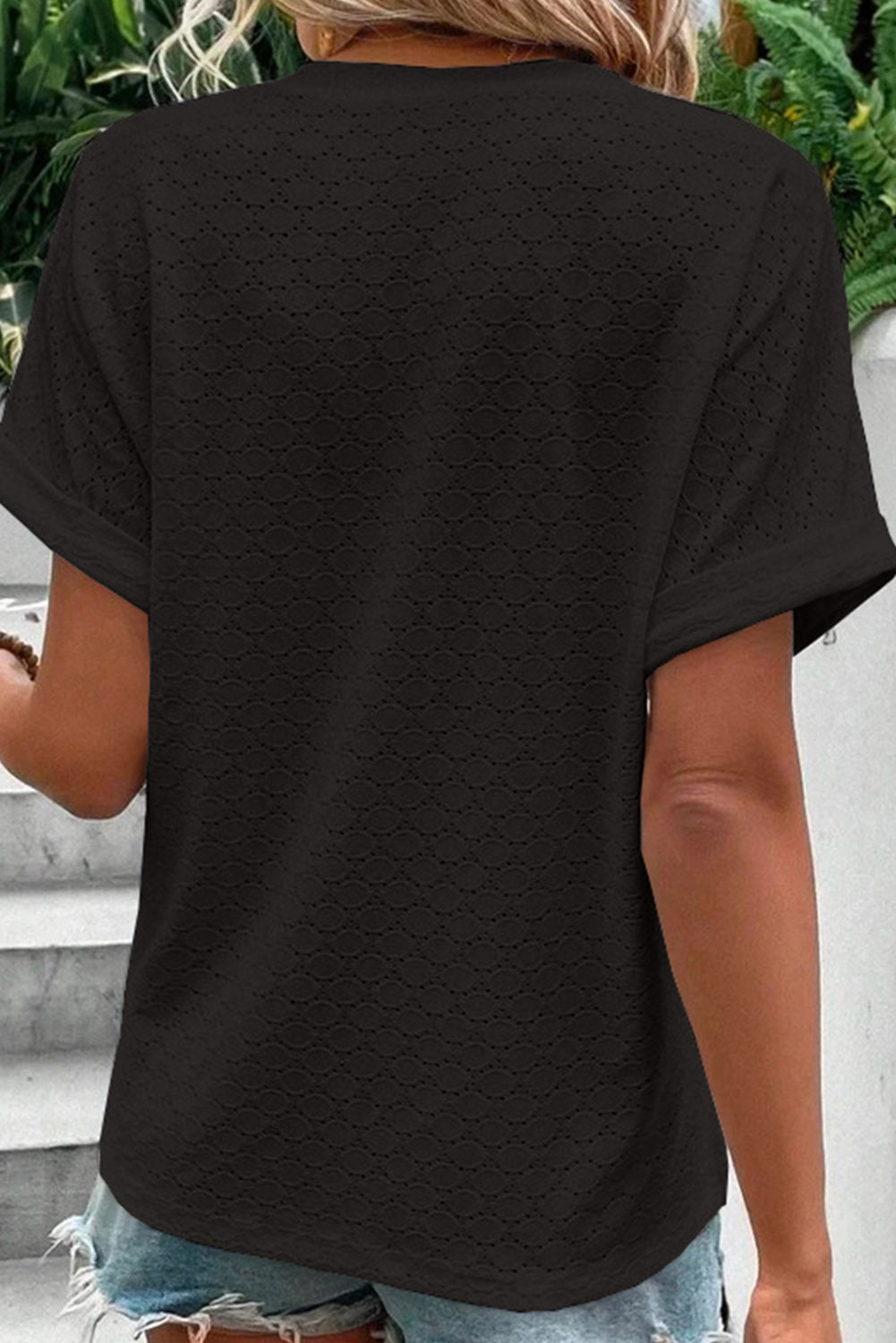 Black Button V Neck Eyelet Solid Color Blouse