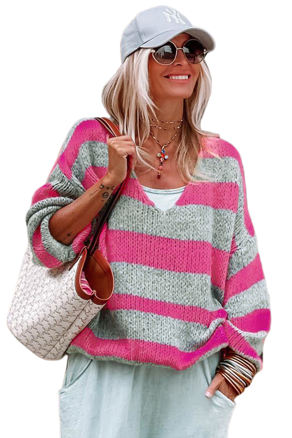Green Striped Colorblock Knit V Neck Loose Fit Sweater