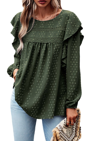 Blackish Green Swiss Dot Ruffle Shoulder Long Sleeve Blouse