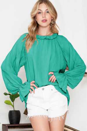 Black Crinkle Frilled Neck Pleated Long Sleeve Blouse