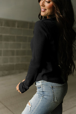 Green Solid Color Waffle Knit Long Sleeve Henley Shirt