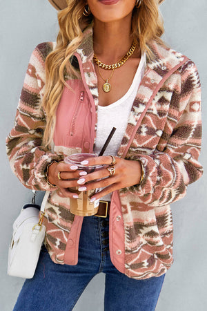 Black Geometric Colorblock Colorblock Snap Button Sherpa Jacket